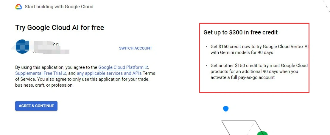 Google Cloud通过Vertex AI获取150美元赠金，帐号可立即变现
